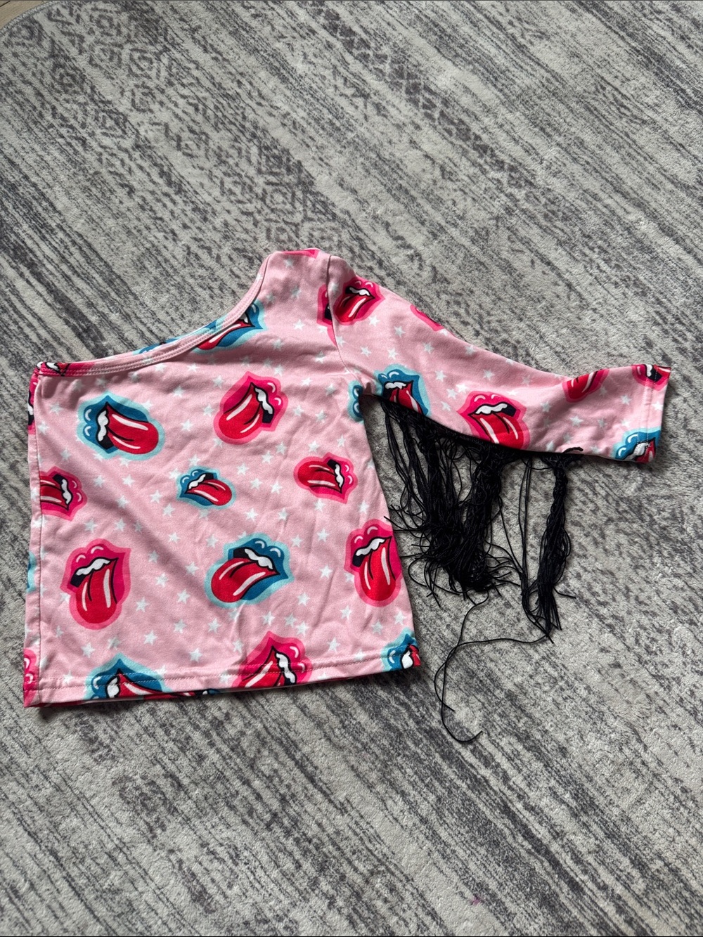 Pink Tongue Print One-Shoulder Top with Fringe